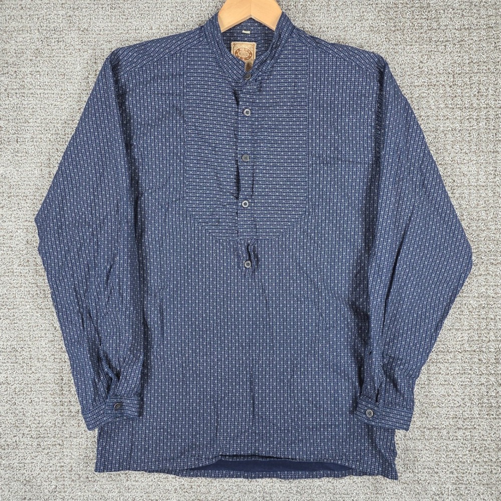 Wah Maker Mens Medium Blue Striped Banded Collar Frontier Western Shirt USA